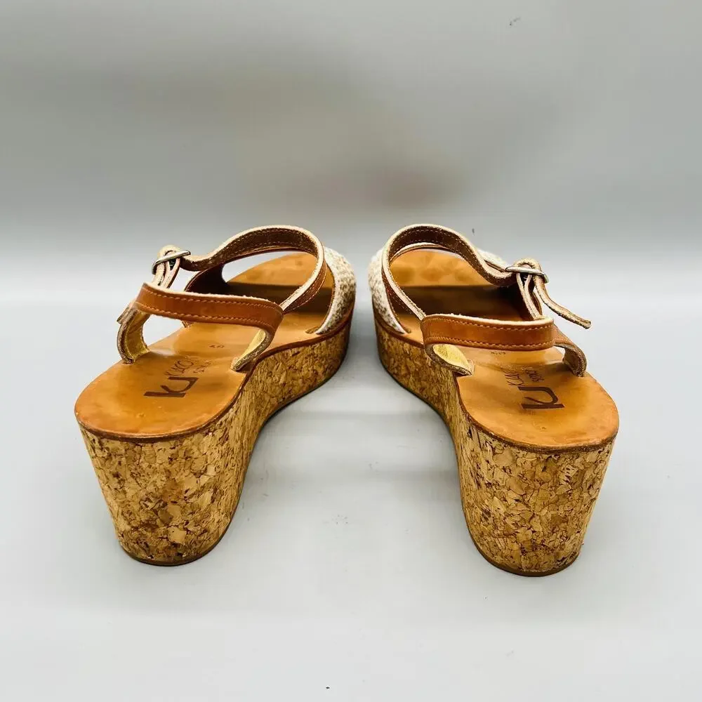 K Jacques St Tropez Sandals Womens 9 Brown Leather Cork Platform Wedge Shoes